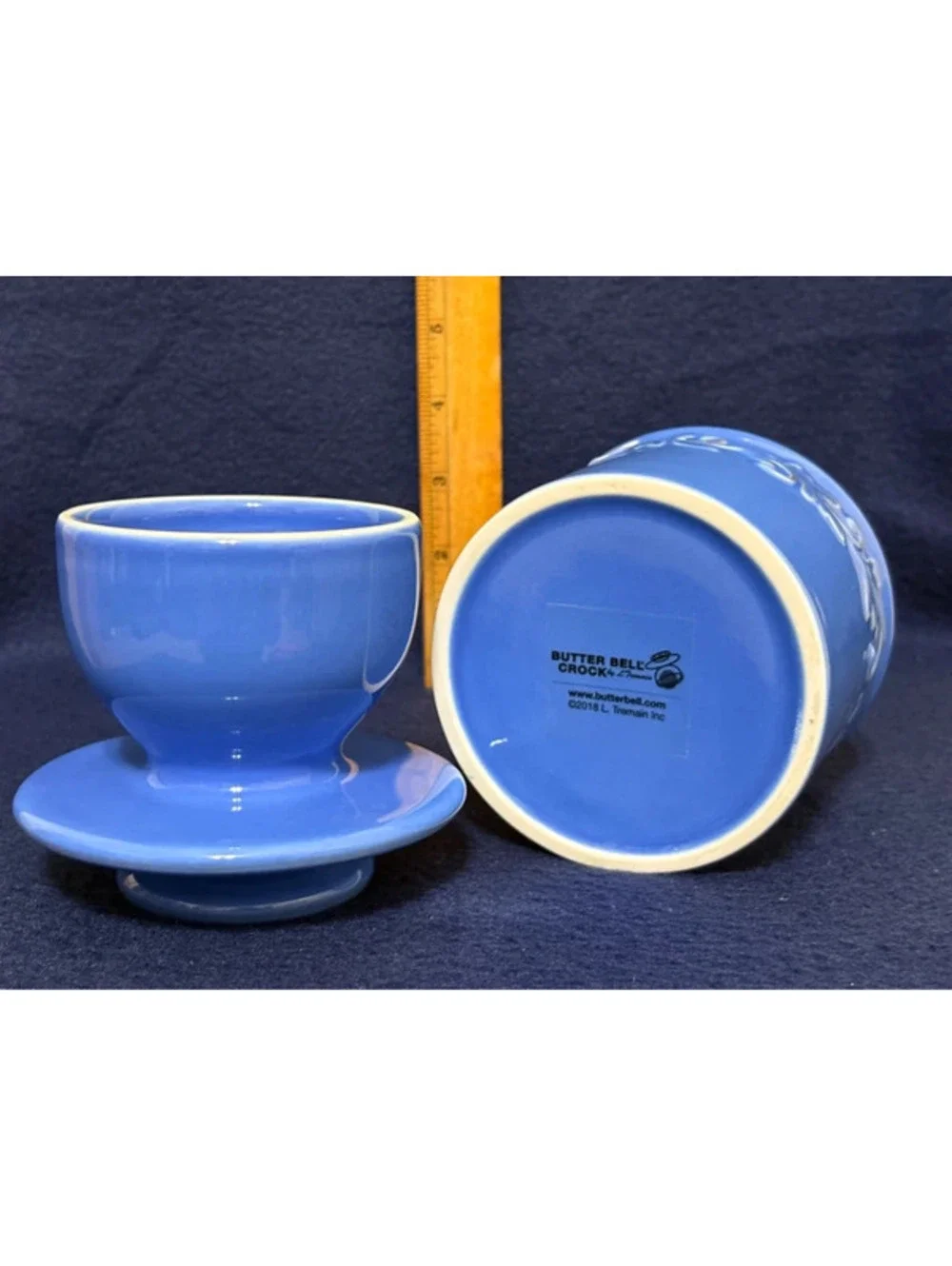 Butter Bell Crock Blue Ceramic Porcelain Relief Design